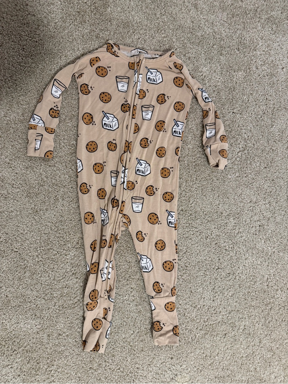 Kids Beige Cookie & Milk Print Zip-Front One-Piece Footie Pajamas